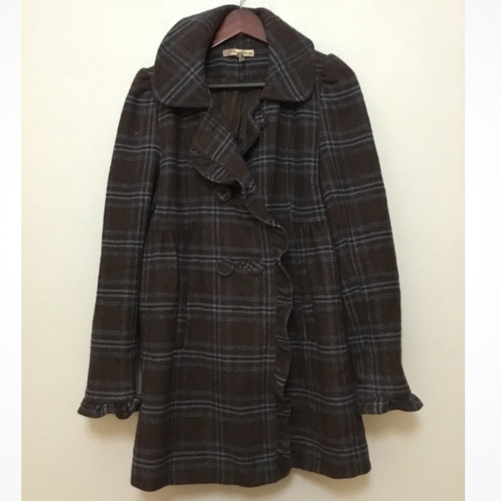 American Rag Wool Blend Plaid Ruffle Coat